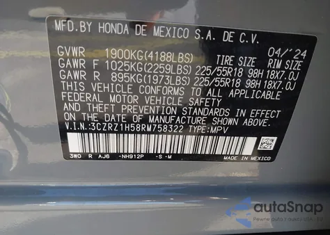 2024 Honda Hr-V 2Wd Sport/2Wd Sport W/O Bsi из США, поврежденный, VIN 3CZRZ1H58RM758322